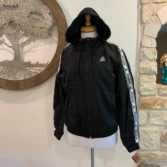 NWT Reebok Full Zip Hooded Logo Track Jacket Black White Large - Picture 1 of 7